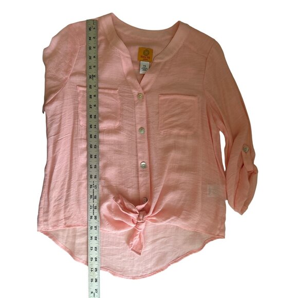 Ruby Rd. Petite Sheer Button-Down Front Tie Blouse - Pink , Size PS - Picture 7 of 7